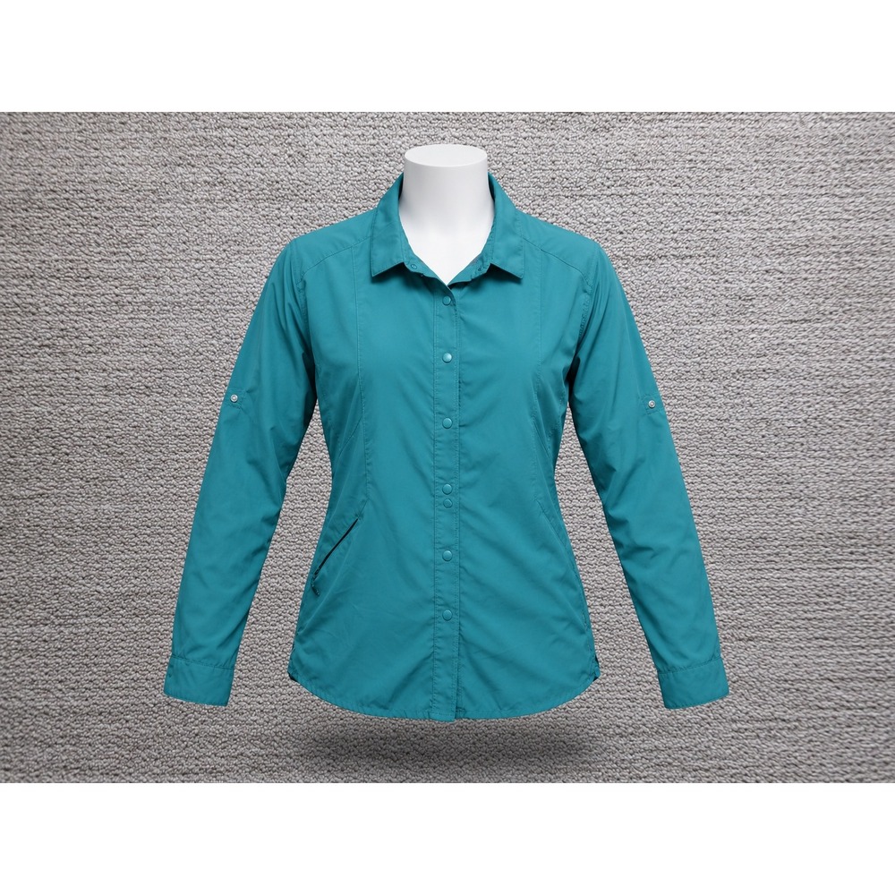 Kathmandu #M1. Men's Teal Blue Snap Front Roll Tab Sleeve Hiking Shirt US 8/10